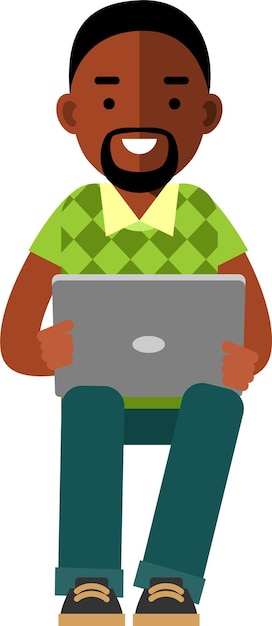 Vector zittend jonge afro-amerikaanse zwarte man met laptop op knieën vlakke stijl