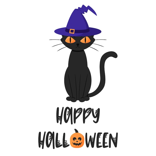 Zittende fronsende zwarte kat in een magische hoed. fijne halloween. een ansichtkaart met getypte letters.