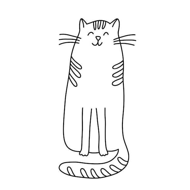 Vector zittende gelukkige kat in doodle stijl hand getrokken vectorillustratie geïsoleerde zwarte omtrek