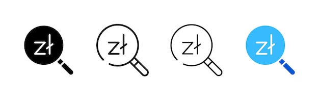 Zloty icons of coins and magnifying glass outline set of zl coins inside a magnifying glass zloty and magnifying glass icons trade design vector icons