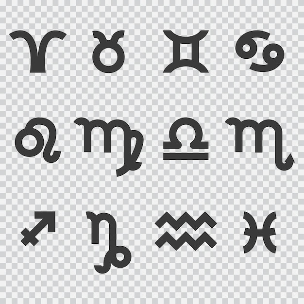 Зодиак черный силуэт знак векторный набор астрологических символов иконки, изолированные на прозрачном фоне