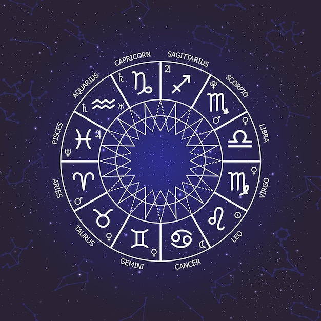 Vector zodiac circle on a dark blue background of the space astrology vector illustration