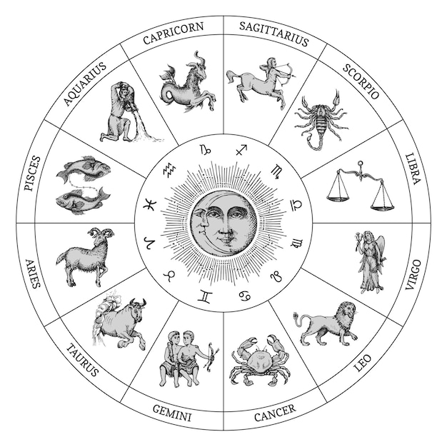 Vector zodiac circle of horoscope vector drawing in engraving style zodiac wheel with astrological symbols