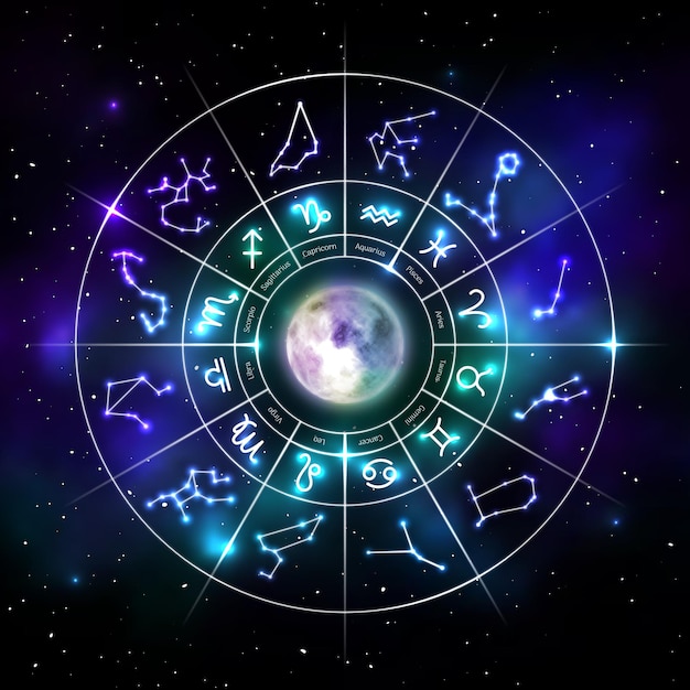 Zodiac circle with astrology symbols in neon style