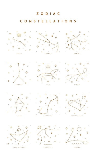 Vettore collezione di costellazioni zodiacali con tutti i dodici elementi segni e icone di astrologia