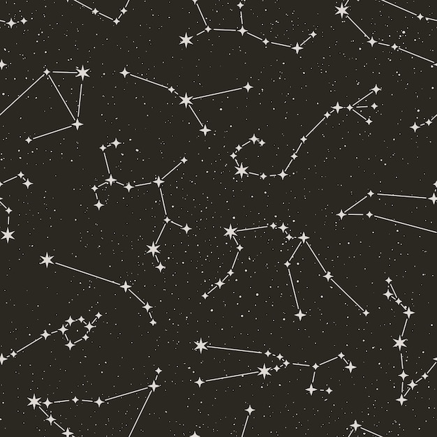 Costellazioni dello zodiaco seamless pattern sullo sfondo nero stellato in stile minimal alla moda. sfondo di astrologia spaziale vettoriale. struttura di simboli dell'oroscopo.