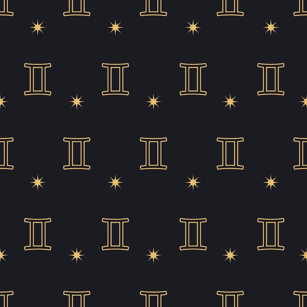星座双子座のシームレスなパターンの背景。黒地に金の星座