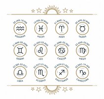 Vettore collezione di icone dello zodiaco. set di simboli sacri. elementi di stile vintage di oroscopo e scopo astrologico. segni di linea sottile su sfondo luminoso tratteggiato. collezione.