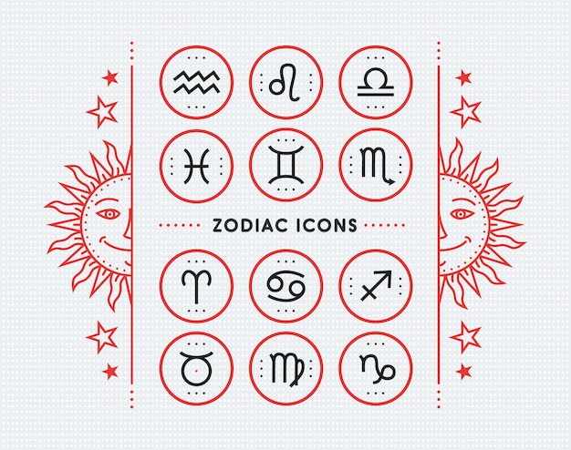 Vector zodiac icon collection. sacred symbols set. vintage style  elements of horoscope and astrology purpose. thin line signs  on bright dotted background.  collection.