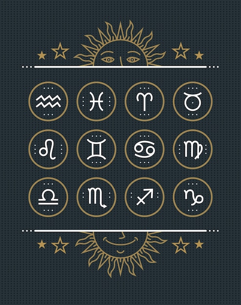 Vettore collezione di icone dello zodiaco. set di simboli sacri. elementi di stile vintage di oroscopo e scopo astrologico. segni di linea sottile su sfondo scuro punteggiato. collezione.
