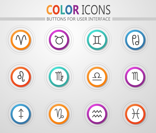 Zodiac icons on round white buttons with color strokes