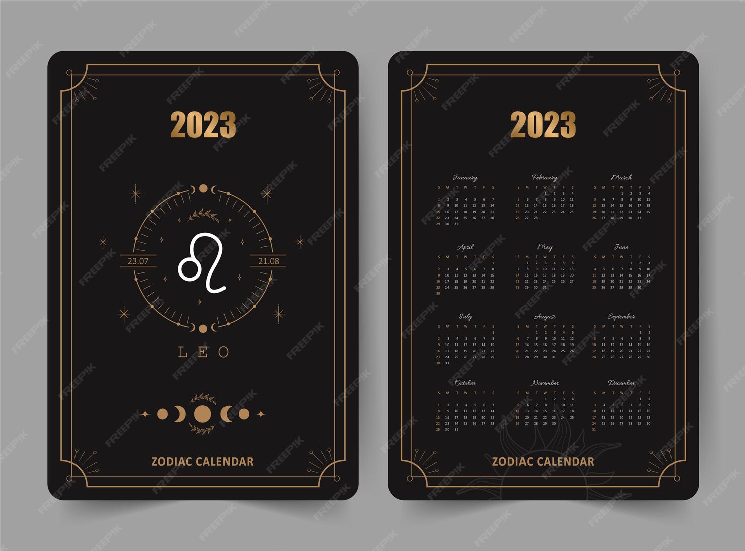 Premium Vector Zodiac leo calendar 2023 Pocket size Front and back sides Premium Vector Zodiac leo calendar 2023 Pocket size Front and back sides