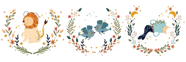 Zodiac Leo, Gemini, Aquarius, with leaves, colorful flowers and stars around.Set Astrological zodiac