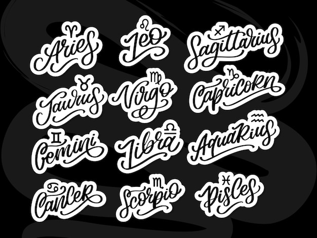 Vector zodiac lettering sign. cartoon astrology text illustration. horoscope handwritten icon set.