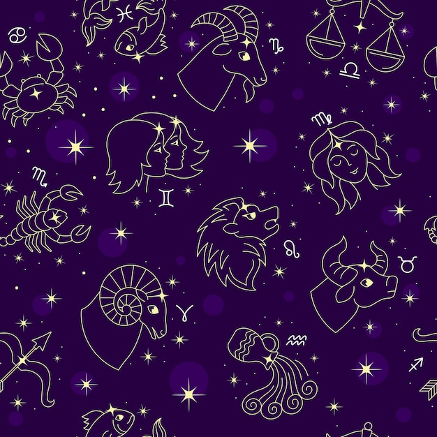 Zodiac pattern horoscope symbols for textile design projects universe stars gemini capricorn aquarius cancer leo recent seamless background