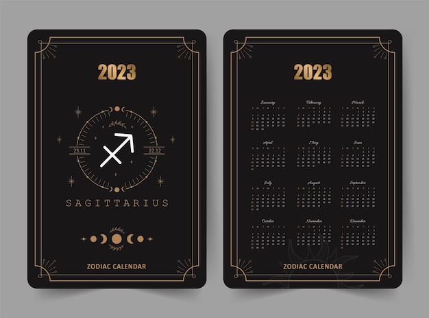 Vettore calendario zodiaco sagittario 2023 tascabile fronte e retro