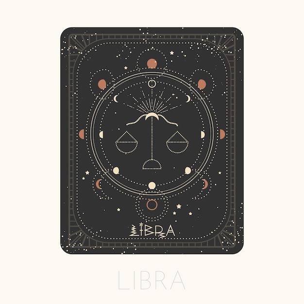 Zodiac sign Libra card Astrological horoscope symbol with moon phases Graphic gold icon on black