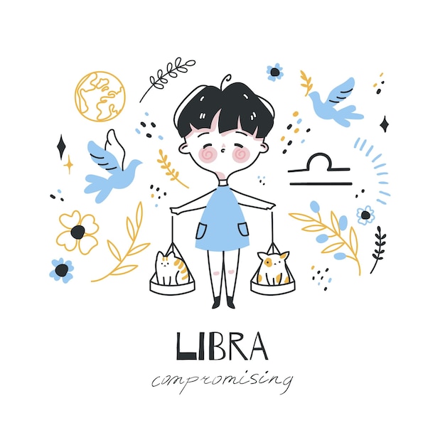 Zodiac sign libra illustration astrological horoscope symbol character in cartoon style