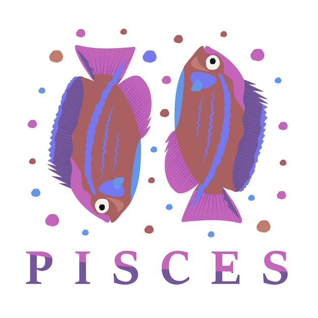 Zodiac sign of Pisces, bright illustration and text