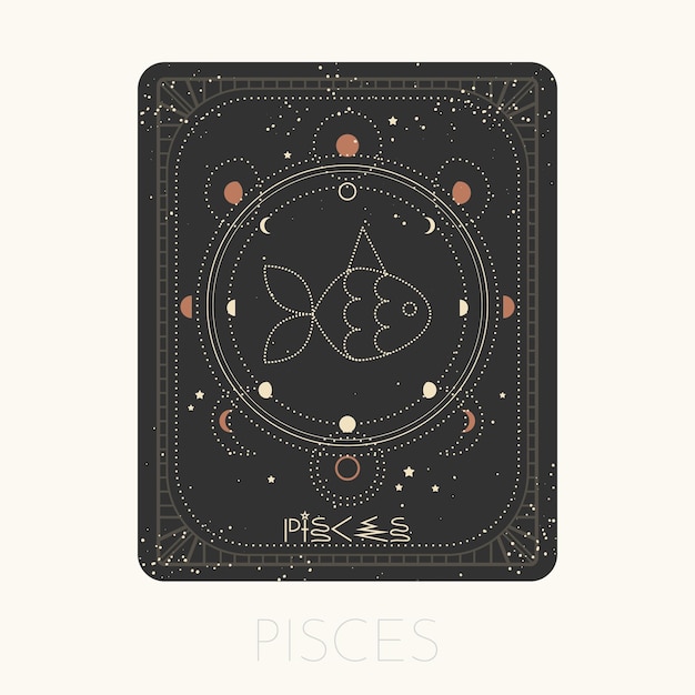 Zodiac sign Pisces card Astrological horoscope symbol with moon phases Graphic gold icon on a black background Vector line art illustration