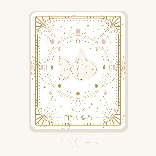 Vettore segno zodiacale carta dei pesci simbolo dell'oroscopo astrologico con fasi lunari icona grafica in oro su sfondo bianco illustrazione della linea vettoriale