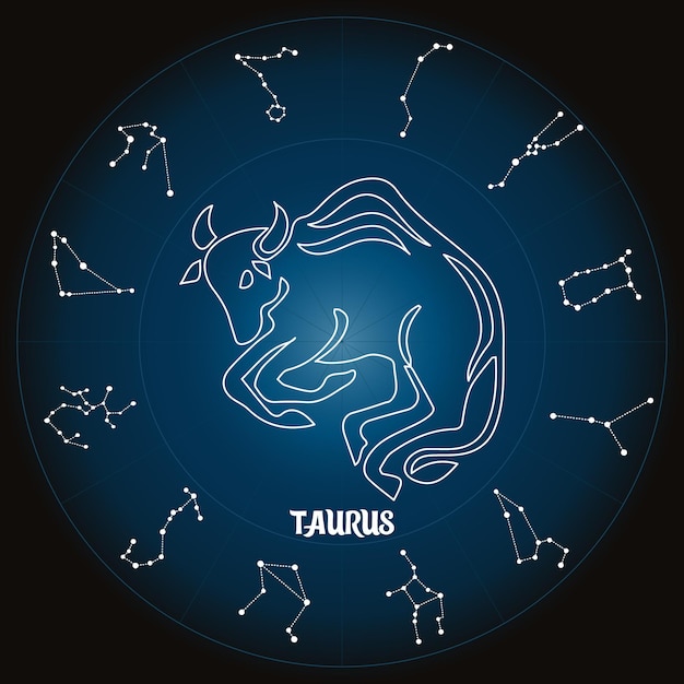 Segno zodiacale toro nel cerchio astrologico con costellazioni zodiacali, oroscopo. blu e bianco