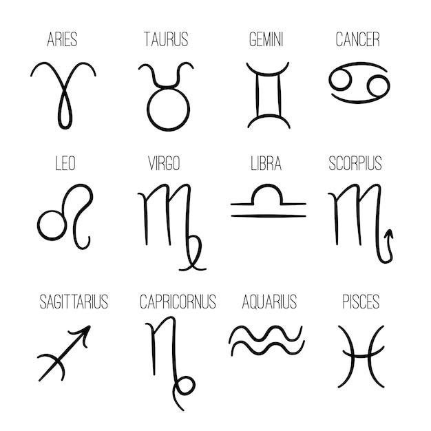 Zodiac signs. Astrological hand drawn horoscope icons collection fishes virgo lion cancer aries gemini logos template