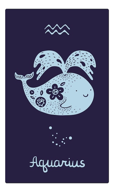 Zodiac signs card Astrological symbol Patterned silhouette animal Aquarius constellation Doodle blue whale with floral ornament Astrology calendar Star scheme Vector zodiacal icon