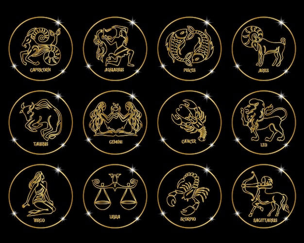 Вектор Набор знаков зодиака в золотых блестящих кругах. золотой узор на черном фоне. иконки, вектор