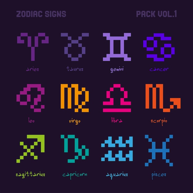 Vector zodiac signs pack pixel art illustration