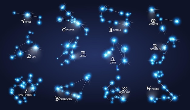 Zodiac signs realistic glowing constellations