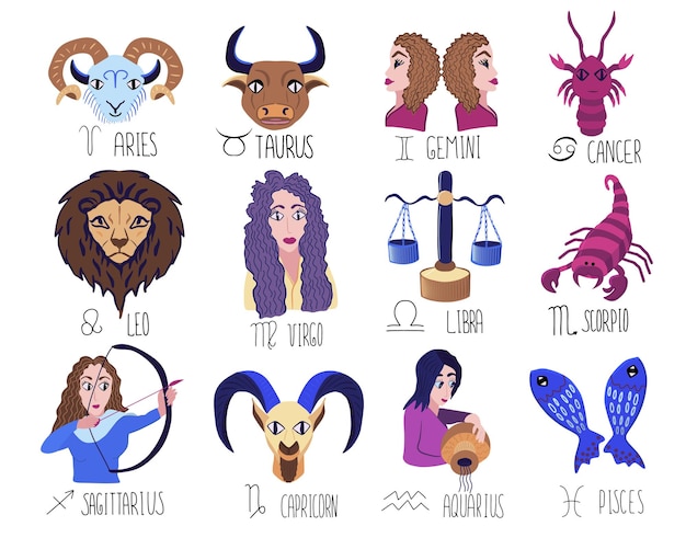Vector zodiac signs set collection of highlight story covers for social media twelve astrological stickers