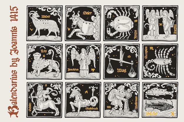 Vector zodiac signs set and constellations illustration in medieval style with blackletter lettering