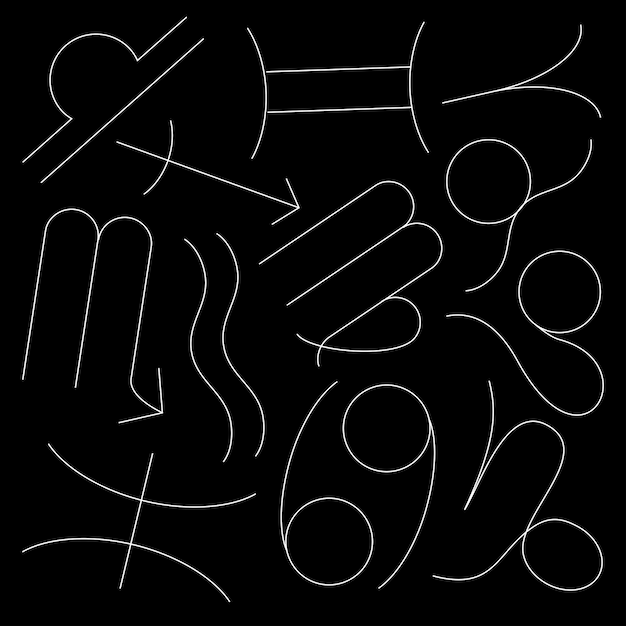 Zodiac signs with schematic lines on black background in chaotic order