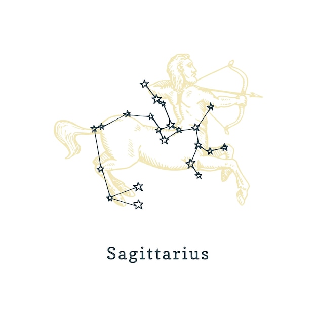 Вектор Зодиакальное созвездие стрельца на фоне нарисованного символа в стиле гравировки векторная иллюстрация кентавра