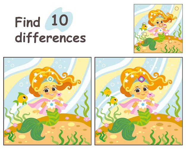 Zoek 10 verschillen met vrolijke zeemeermin vectorillustratie