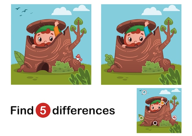 Zoek 5 verschillen onderwijsspel voor kinderen gnome in de natuur vectorillustratie