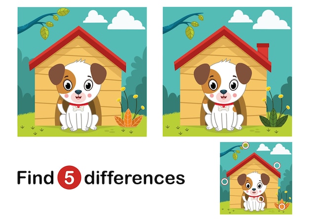 Zoek 5 verschillen onderwijsspel voor kinderen hond in de natuur vectorillustratie