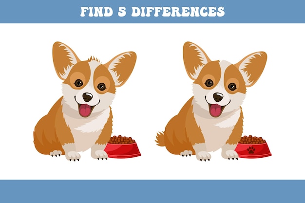 Zoek 5 verschillen tussen twee cartoon corgi-honden Kinderlogica spel educatieve puzzel vector