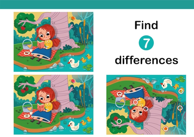 Zoek 7 verschillen onderwijsspel voor kinderen, in het picknickthema. Vector illustratie.