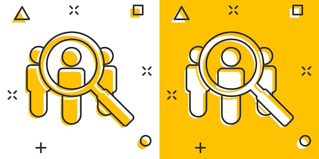 Zoek baan vacaturepictogram in komische stijl Loupe carrière cartoon vectorillustratie op witte geïsoleerde achtergrond Vind mensen werkgever splash effect bedrijfsconcept