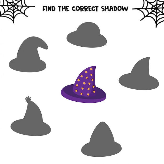 Zoek de juiste schaduw. set van schattige hoeden. educatief spel voor kinderen. afdrukbaar werkblad voor halloween