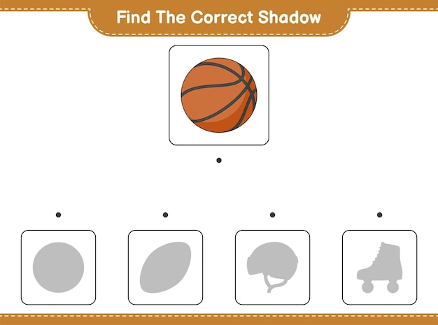 Zoek de juiste schaduw. Vind en match de juiste schaduw van basketbal. Educatief spel voor kinderen, afdrukbaar werkblad