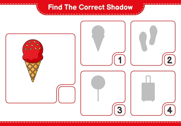 Zoek de juiste schaduw. Vind en match de juiste schaduw van Ice Cream. Educatief kinderspel, afdrukbaar werkblad, vectorillustratie