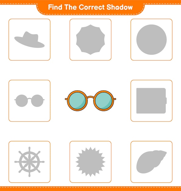 Zoek de juiste schaduw. Vind en match de juiste schaduw van zonnebril. Educatief kinderspel, afdrukbaar werkblad, vectorillustratie