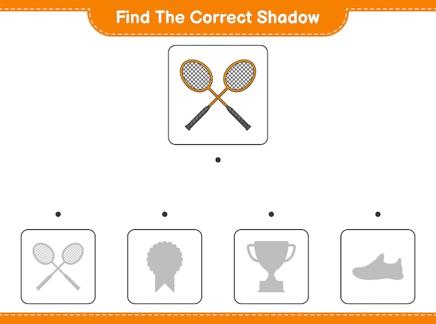 Zoek de juiste schaduw. Zoek en match de juiste schaduw van badmintonrackets. Educatief spel voor kinderen, afdrukbaar werkblad