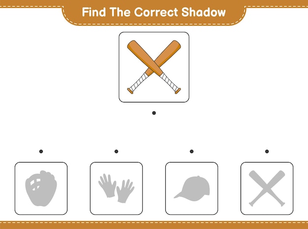 Zoek de juiste schaduw. Zoek en match de juiste schaduw van honkbalknuppel. Educatief spel voor kinderen, afdrukbaar werkblad
