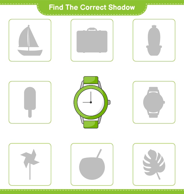 Zoek de juiste schaduw. Zoek en match de juiste schaduw van horloges. Educatief kinderspel, afdrukbaar werkblad, vectorillustratie