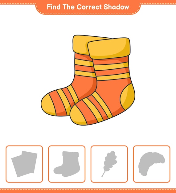 Zoek de juiste schaduw. Zoek en match de juiste schaduw van Socks. Educatief kinderspel, afdrukbaar werkblad, vectorillustratie