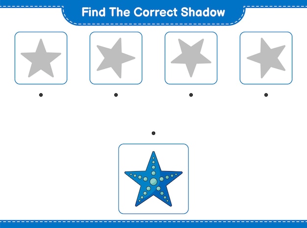 Zoek de juiste schaduw. zoek en match de juiste schaduw van starfish. educatief kinderspel, afdrukbaar werkblad, vectorillustratie